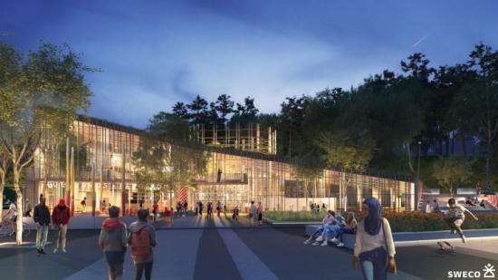 Visionsbild över kulturhuset vid Rymdtorget i Bergsjön (bilden är en illustration).
