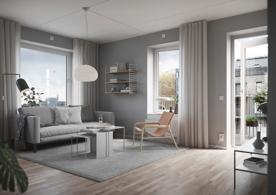 Visionsbild över ett vardagsrum i det nya projektet i Nya Hovås (bilden är en illustration).