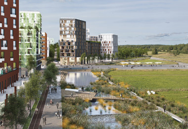I Program för Barkarbystaden beskrivs hur staden möter naturen. Bilden visar hur Barkarbystaden via en kaj mot det gröna möter Järvafältets natur.