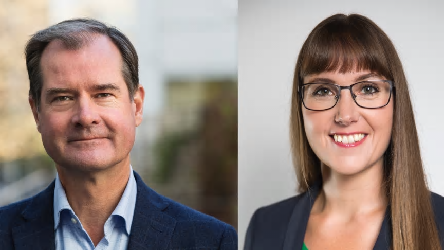Mårten Lilja, vice vd Riksbyggen och Johanna Ode, bostadspolitisk expert på Riksbyggen.