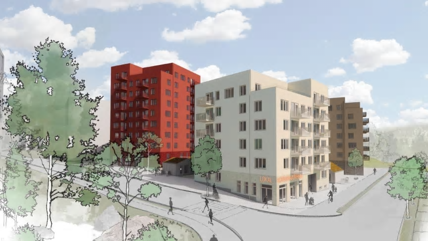 Skiss över hyresrätterna som ska byggas i Råby, Västerås.