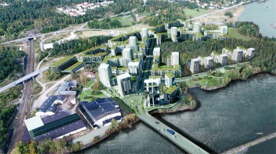 Illustration av den nya stadsdelen Vårvik i Trollhättan.