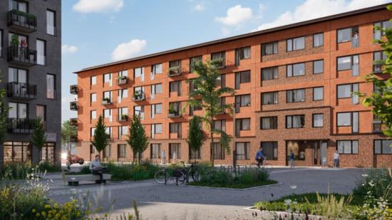 Visionsbild av nya kvarteret Spannlandet 2, i Hägerneholm i Täby, utvecklat av BrickHouse Bostäder AB.