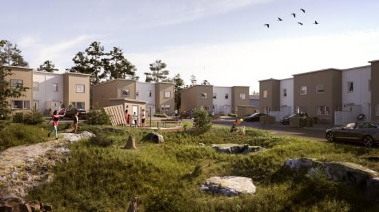 Illustration av entrésida, med gemensamma grönytor och lekplats, BoKlok Virket, Vänersborg.