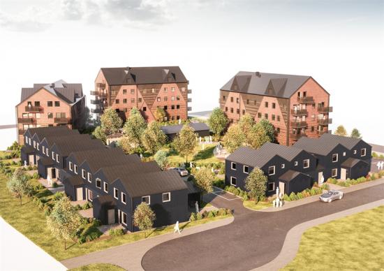 Visionsbild över bostadsområdet Ranagård som ska byggas strax utanför Halmstad (bilden är en illustration).