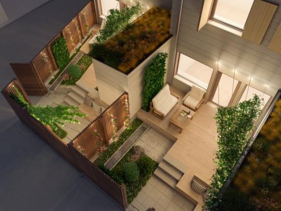 Illustrationsbild av altan och trädgård till HSBs radhus i Vallastaden